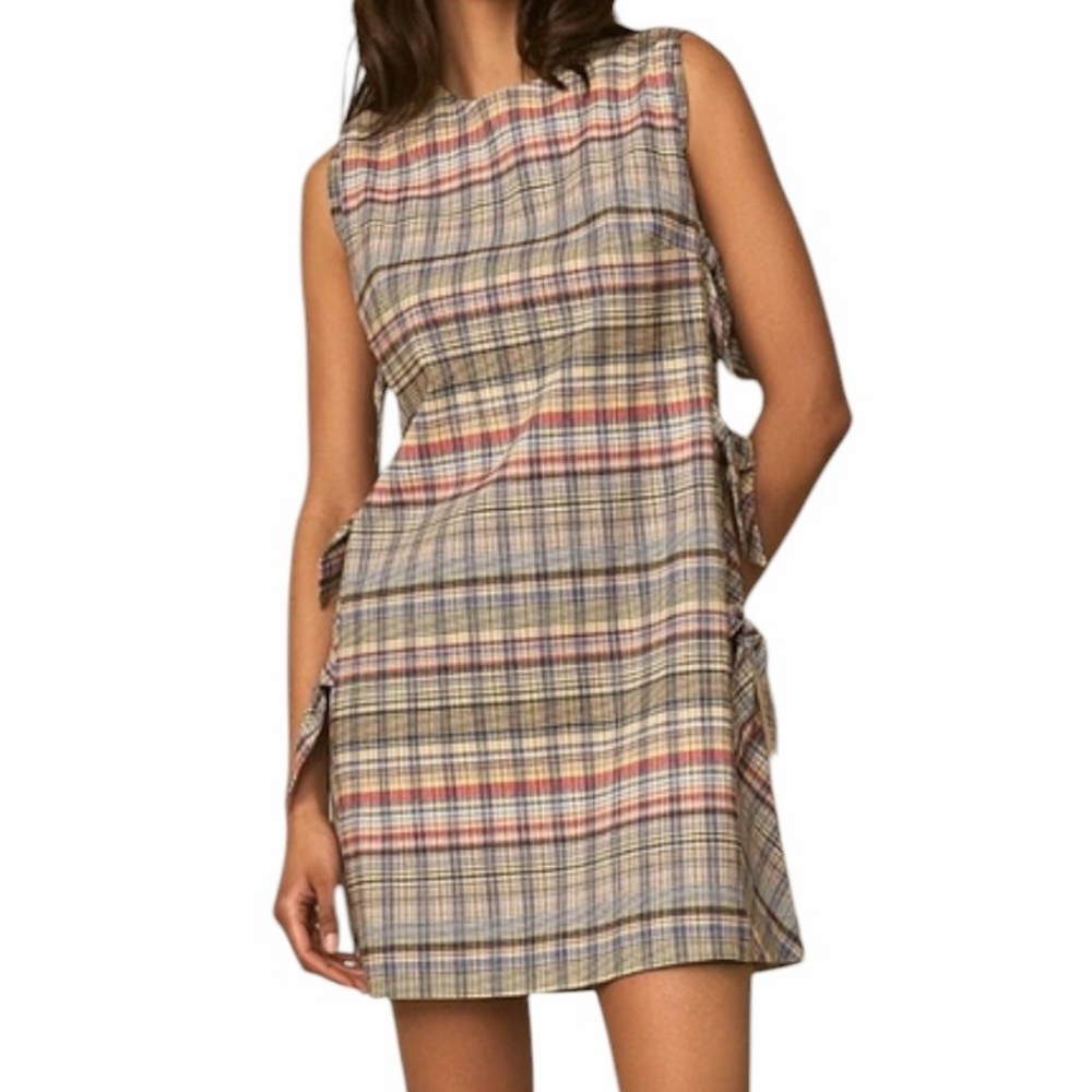 Pearl by Lela Rose Plaid Bow Tie Shift Mini Zip Multicolor Dress Size Small
